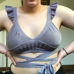 free people grey/blue ruffle sleeve bra top